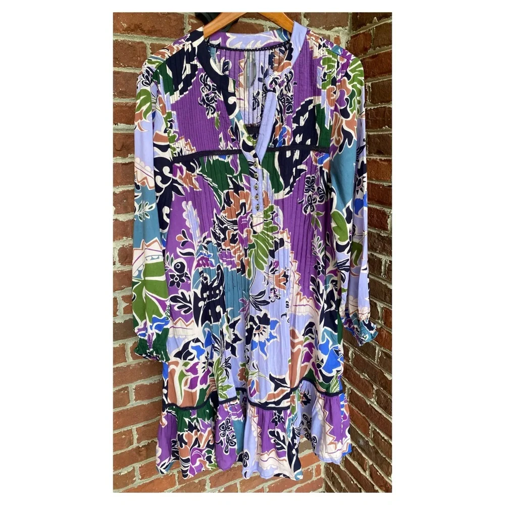 NWOT Anthropologie Diana Pintucked Tunic Dress in Purple Motif  Size Medium